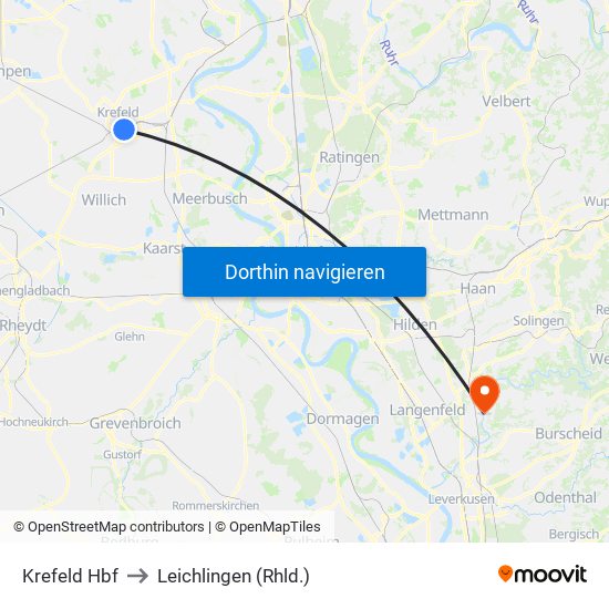 Krefeld Hbf to Leichlingen (Rhld.) map