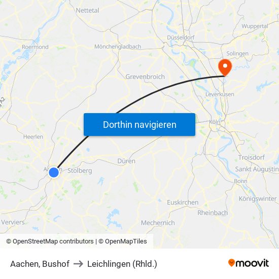 Aachen, Bushof to Leichlingen (Rhld.) map