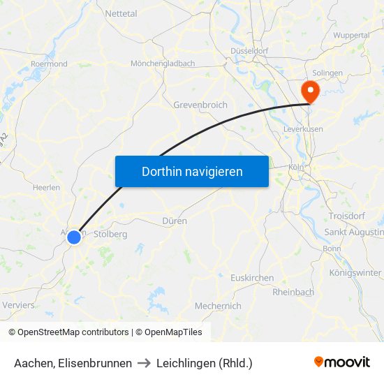 Aachen, Elisenbrunnen to Leichlingen (Rhld.) map