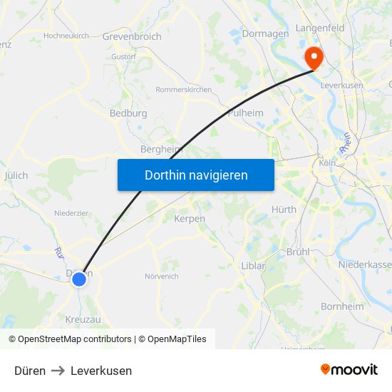 Düren to Leverkusen map