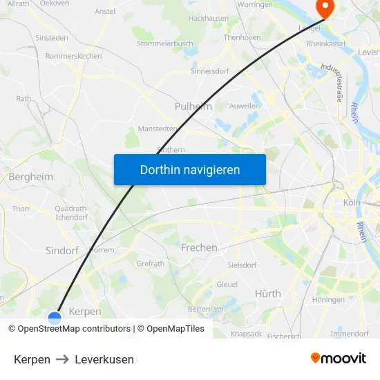 Kerpen to Leverkusen map