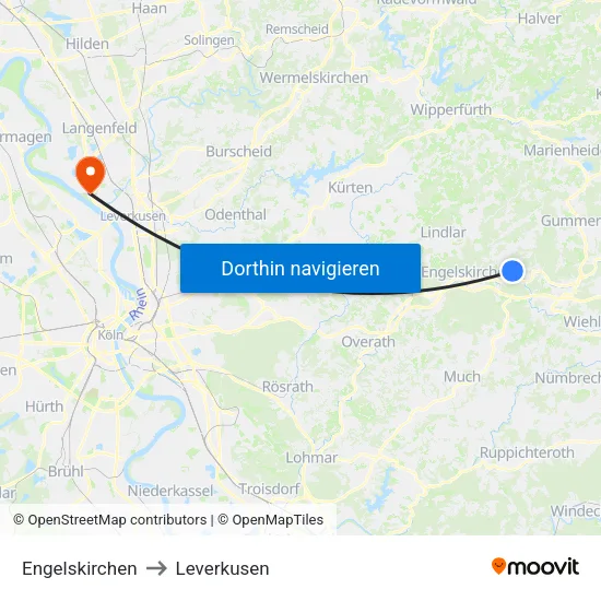 Engelskirchen to Leverkusen map