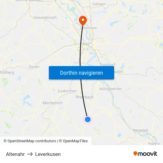 Altenahr to Leverkusen map