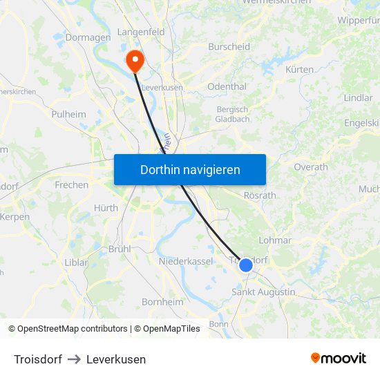 Troisdorf to Leverkusen map