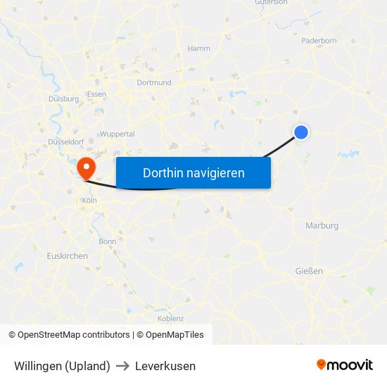 Willingen (Upland) to Leverkusen map