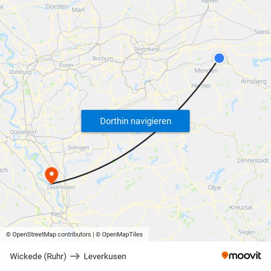 Wickede (Ruhr) to Leverkusen map