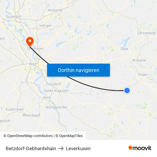 Betzdorf-Gebhardshain to Leverkusen map