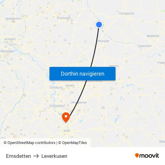 Emsdetten to Leverkusen map