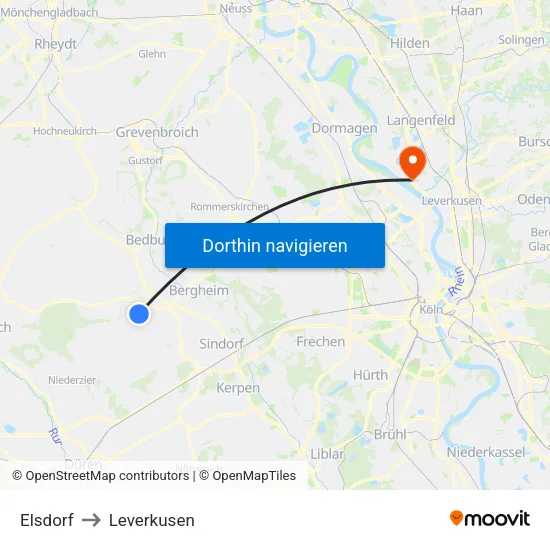 Elsdorf to Leverkusen map