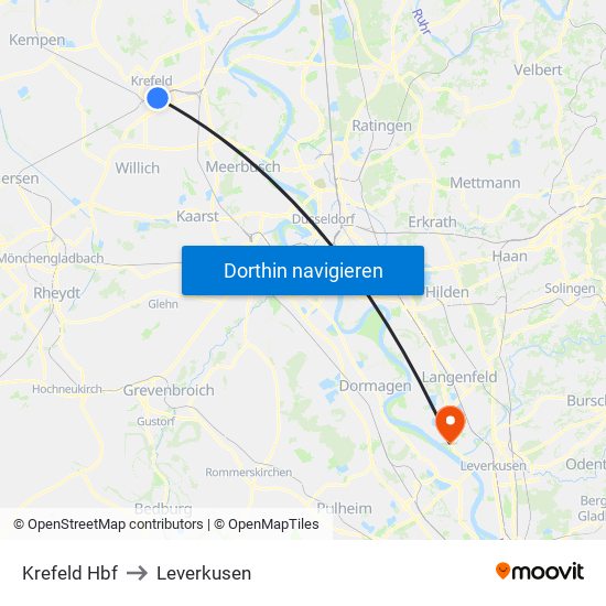 Krefeld Hbf to Leverkusen map