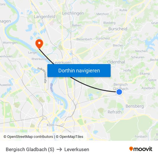 Bergisch Gladbach (S) to Leverkusen map