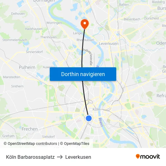 Köln Barbarossaplatz to Leverkusen map