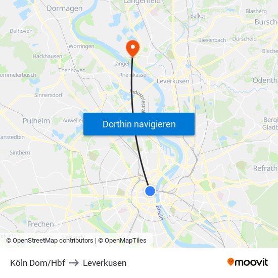 Köln Dom/Hbf to Leverkusen map