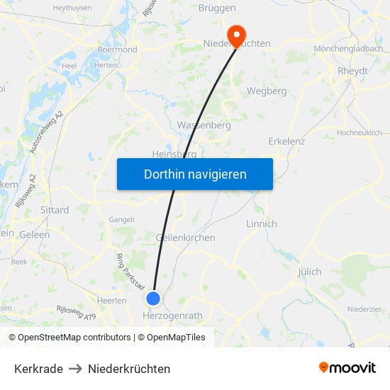 Kerkrade to Niederkrüchten map