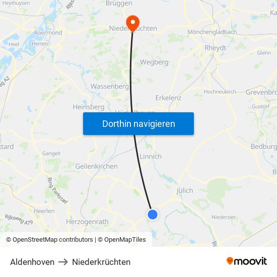 Aldenhoven to Niederkrüchten map