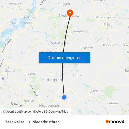 Baesweiler to Niederkrüchten map