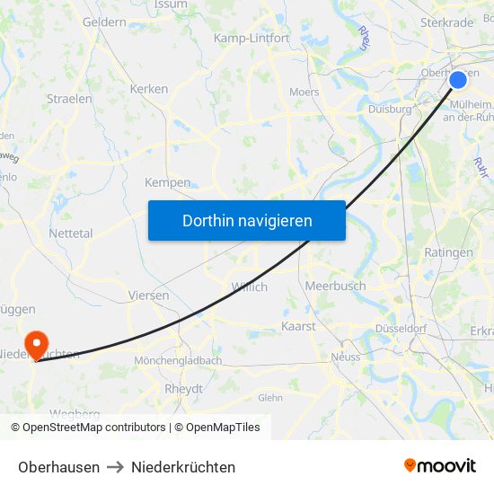 Oberhausen to Niederkrüchten map