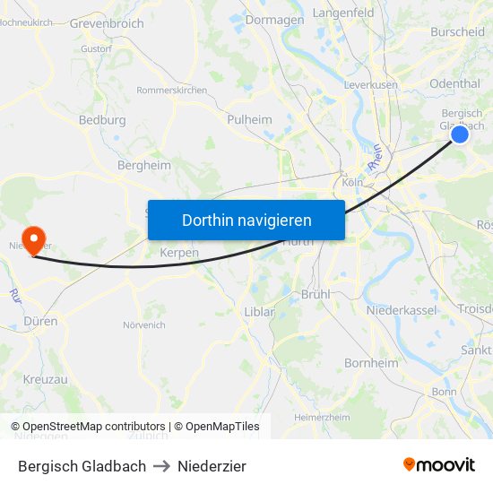 Bergisch Gladbach to Niederzier map