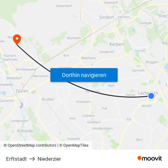 Erftstadt to Niederzier map