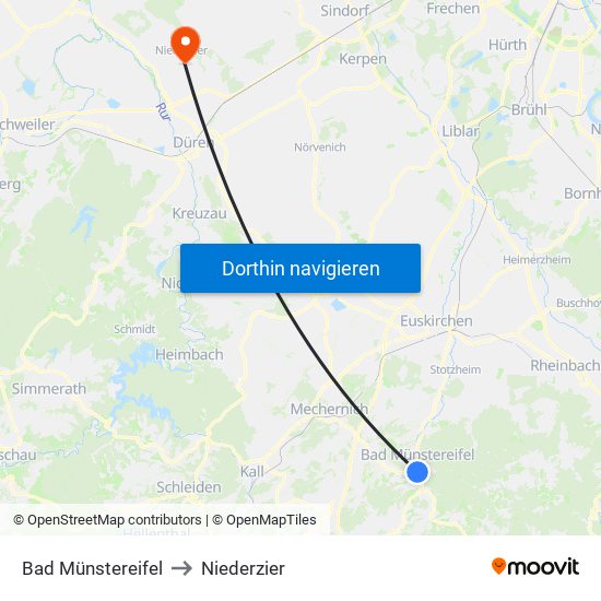 Bad Münstereifel to Niederzier map