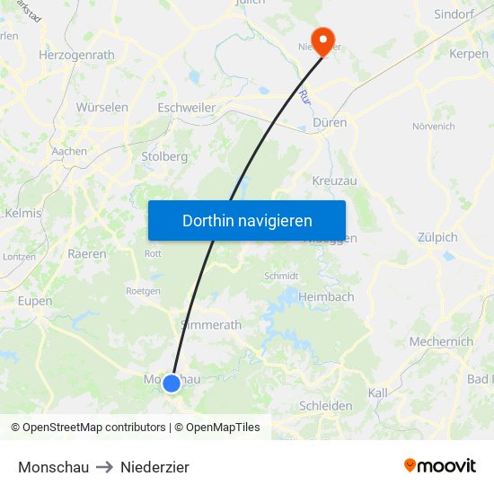 Monschau to Niederzier map