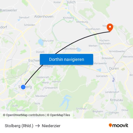 Stolberg (Rhld.) to Niederzier map