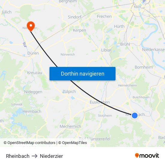 Rheinbach to Niederzier map