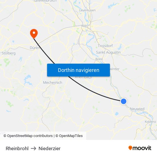 Rheinbrohl to Niederzier map