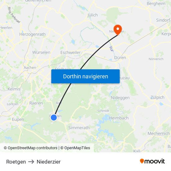 Roetgen to Niederzier map