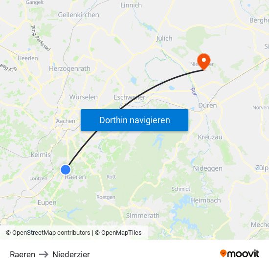 Raeren to Niederzier map