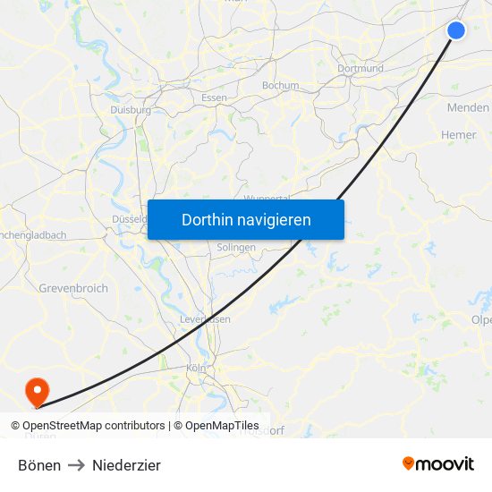 Bönen to Niederzier map