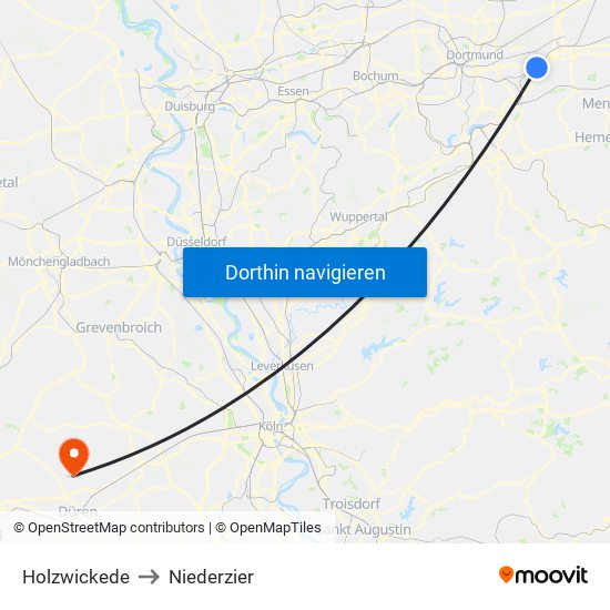 Holzwickede to Niederzier map