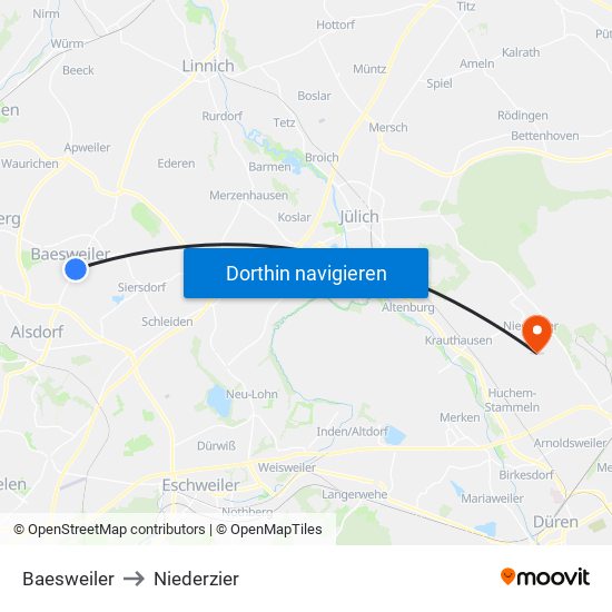 Baesweiler to Niederzier map