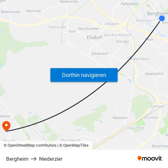 Bergheim to Niederzier map