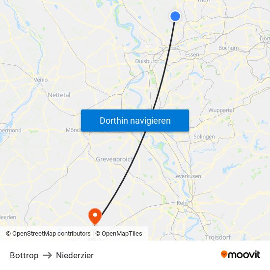 Bottrop to Niederzier map