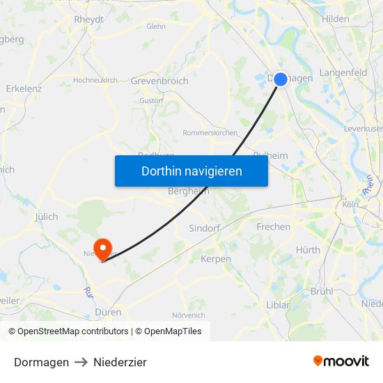 Dormagen to Niederzier map