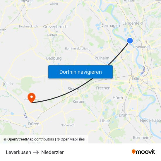 Leverkusen to Niederzier map