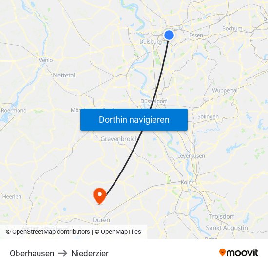 Oberhausen to Niederzier map