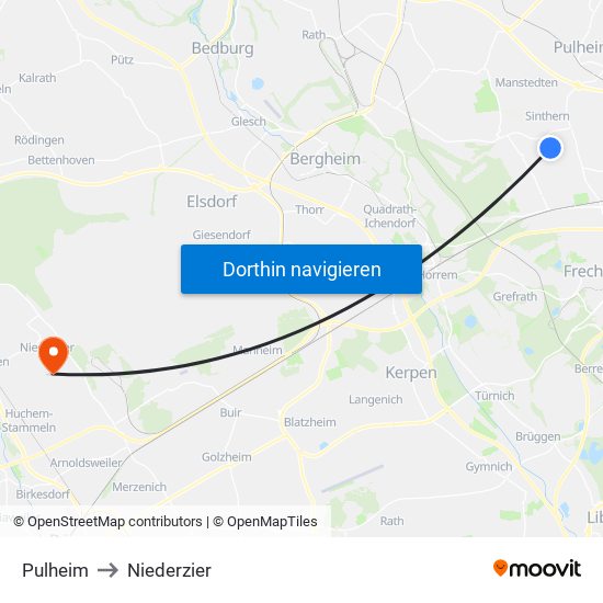 Pulheim to Niederzier map