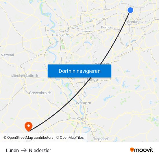 Lünen to Niederzier map