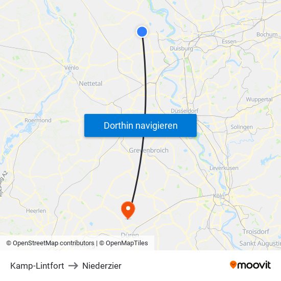 Kamp-Lintfort to Niederzier map