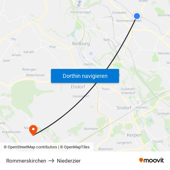 Rommerskirchen to Niederzier map