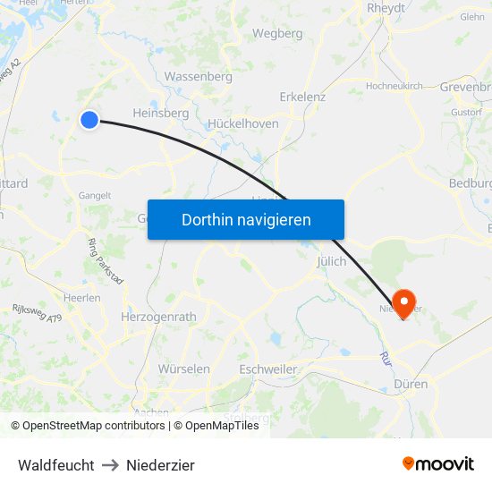 Waldfeucht to Niederzier map