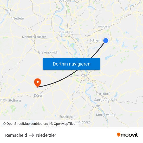 Remscheid to Niederzier map