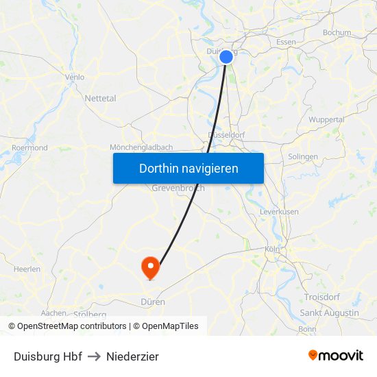 Duisburg Hbf to Niederzier map