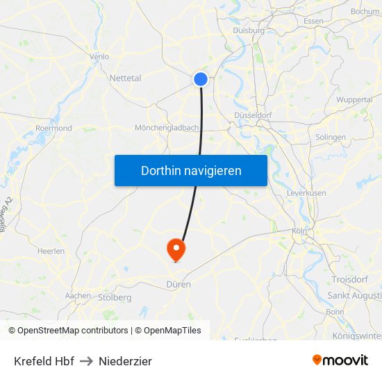 Krefeld Hbf to Niederzier map