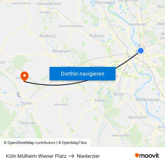 Köln Mülheim Wiener Platz to Niederzier map