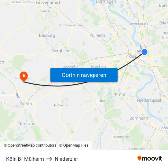 Köln Bf Mülheim to Niederzier map