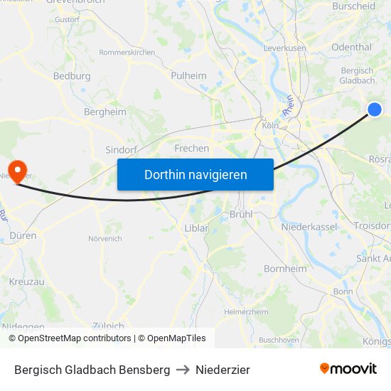 Bergisch Gladbach Bensberg to Niederzier map