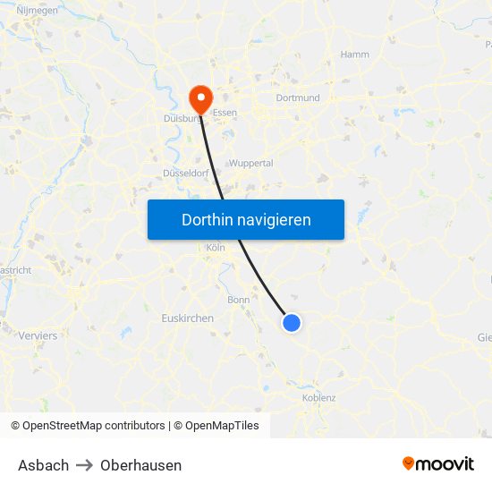 Asbach to Oberhausen map